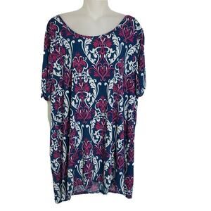 Honeyme Curvy Womens Tunic Top Size XXL Paisley Print Teal Magenta Short Sleeve